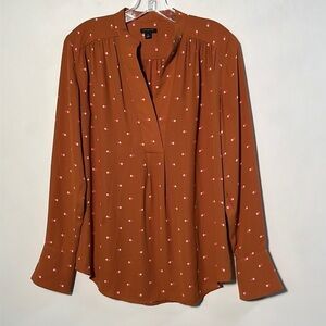 ANN TAYLOR Career Crossover V-Neck Long SLV Gathered Polka Dot Pumpkin Blouse S